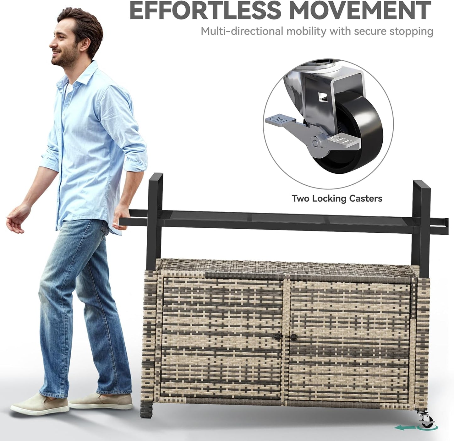 YITAHOME XL Outdoor Storage Cabinet, Outdoor Storage Cart with Wheels and Black Glass Table Top for Patio, Outdoor Cabinet for Poolside and Backyard (Gray Gradient)