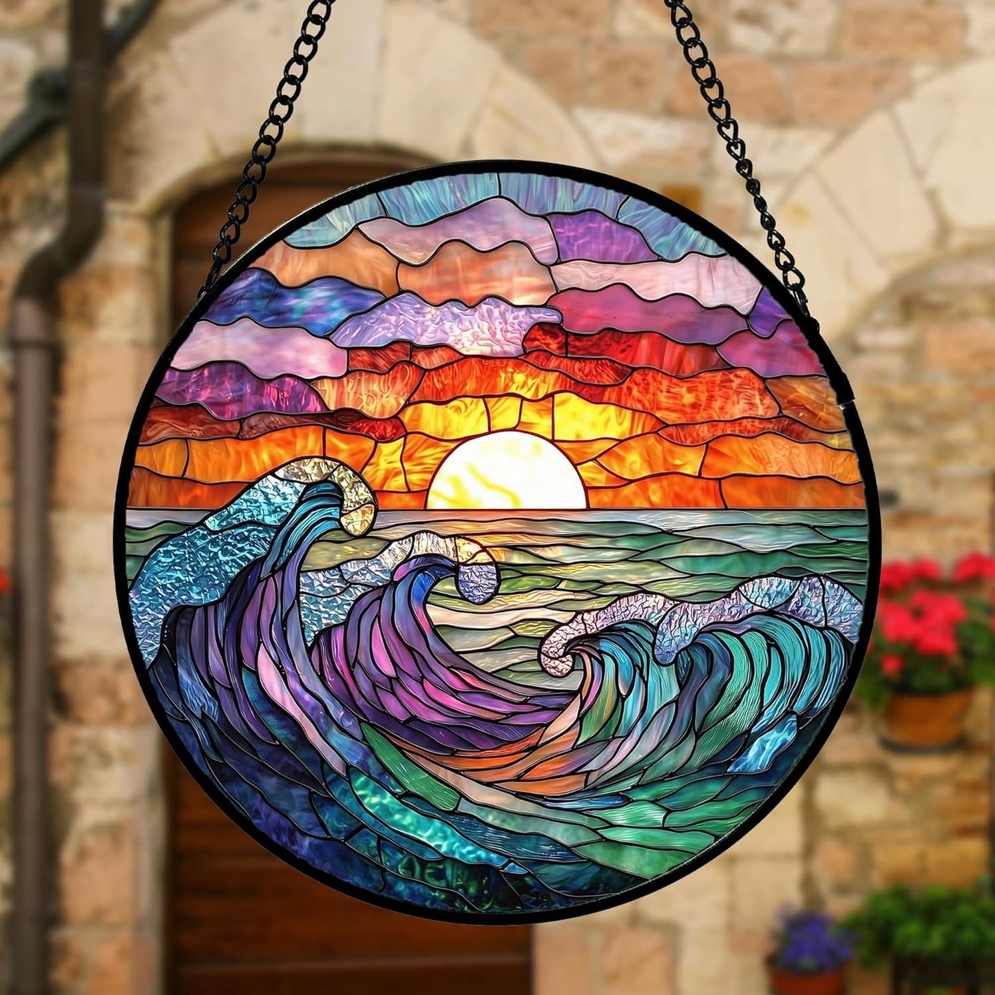 Stained Glass Window Hanging, Clouds and Sea Waves Suncatcher Diamond Glass Panel Hangings Scenery Sun Catchers Decor for Birthday for Women, Men, Wife, Aunt, and Mom 7.8 in