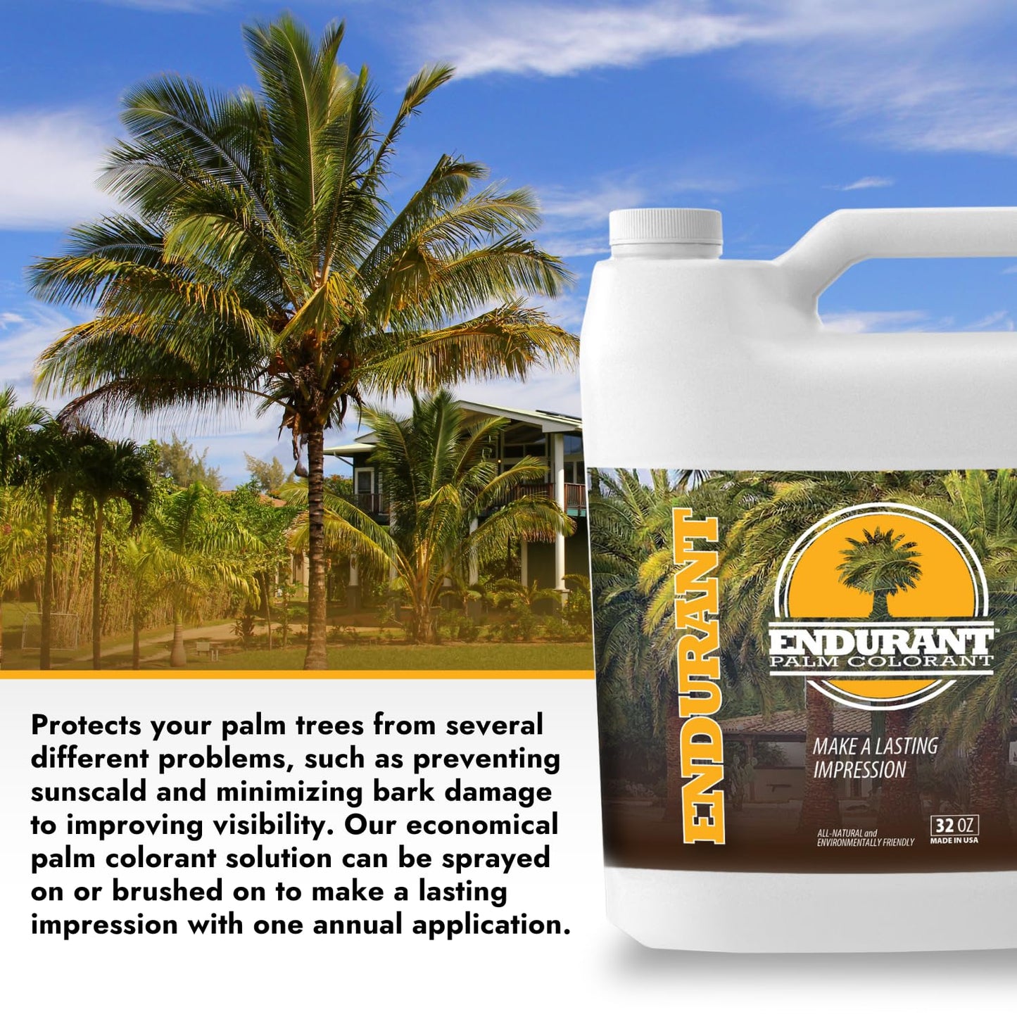 Endurant Palm Colorant – Non-Toxic Palm Tree Protector - Enhances Natural Beauty - Prevents Sunscald & Bark Damage -Easy Annual Application - Vibrant Long-Lasting Trunk Care - 32 oz