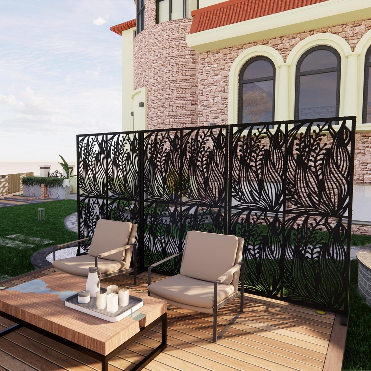 Metal Privacy Screen Outdoor W3.8Ft x H 6Ft Patio Privacy Panels Free Standing Divider Decorative 2 Pack for Balcony Garden Room Lawn Deck (2, Black Leaf)