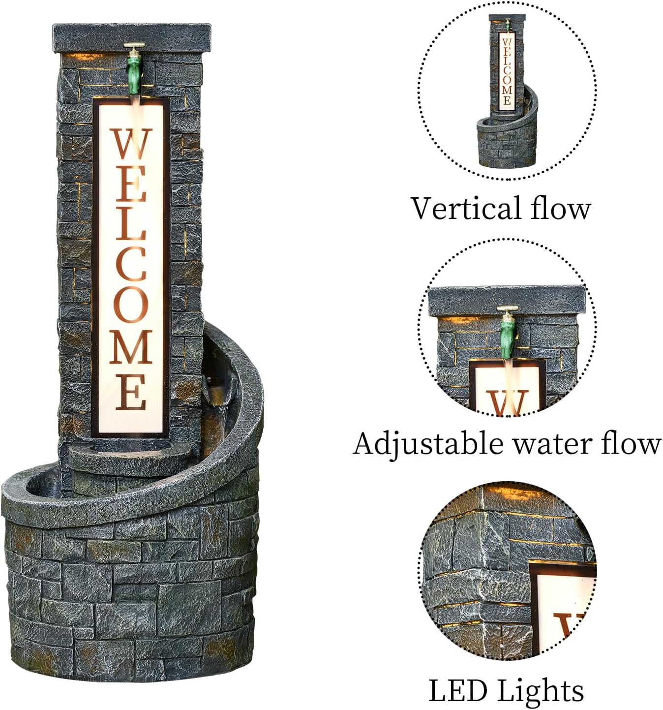 35.43 Inches Outdoor Water Fountain Welcome Garden Waterfall Indoor Modern Water Feature Freestanding Fountains with LED Lights and Pump for Patio Yard Pool Home Decor