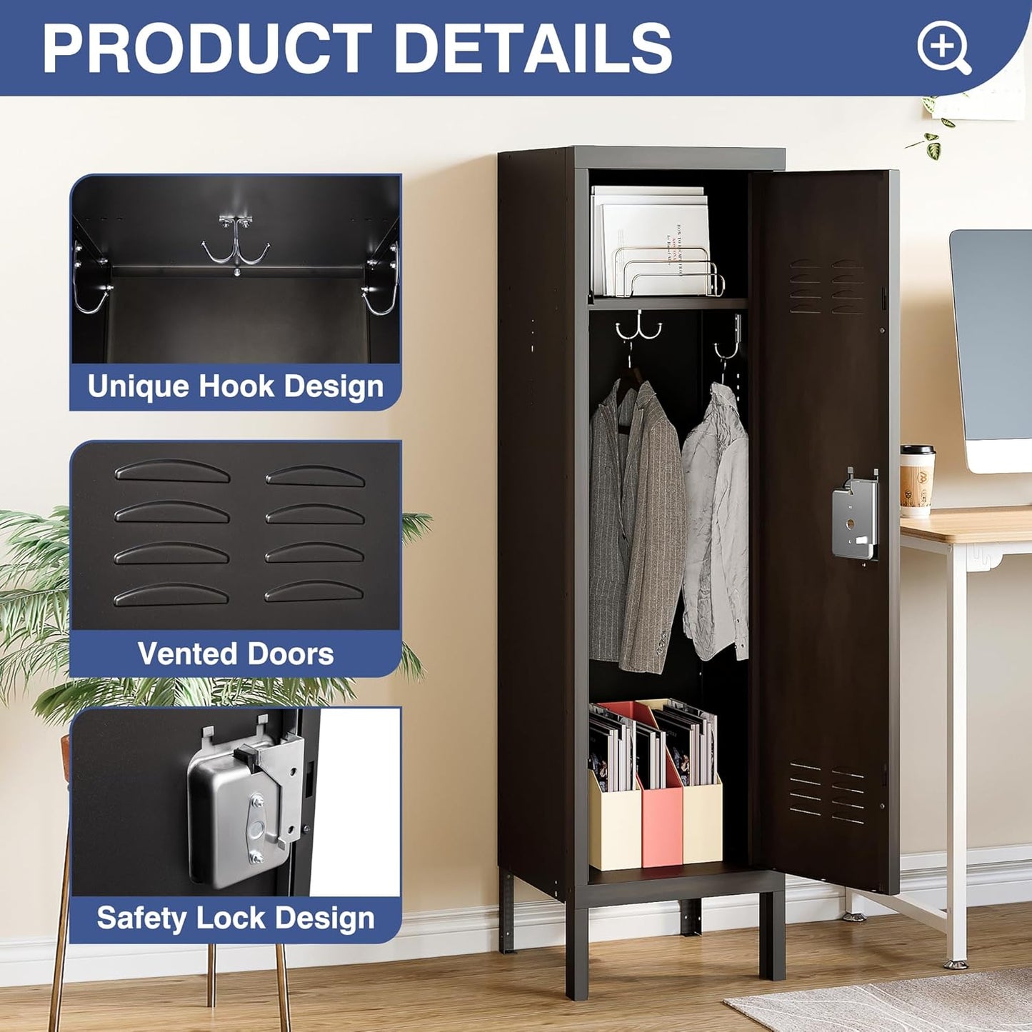 Metal Storage Locker, Lockable Employees Metal Locker with Door, 55" Height Steel Locker for Home, School, Office, Gym (Retro Black)