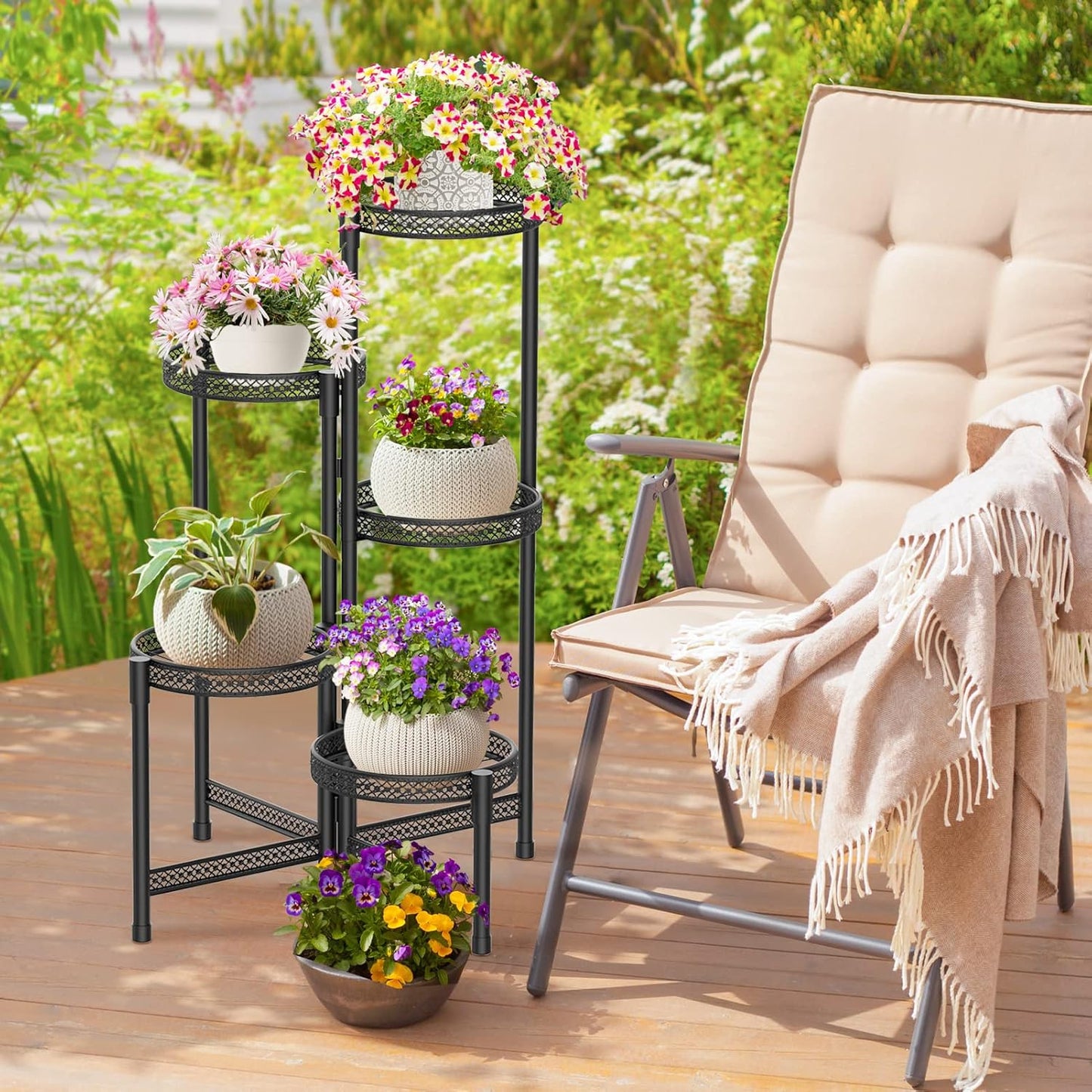 iDavosic.ly Plant Stand Indoor Outdoor, 5 Tier Corner Metal Flower Display Holder Shelf, Folding Tall Orchid Rack for Patio Balcony Porch Garden Living Room House, Wrought Iron - Modern Black