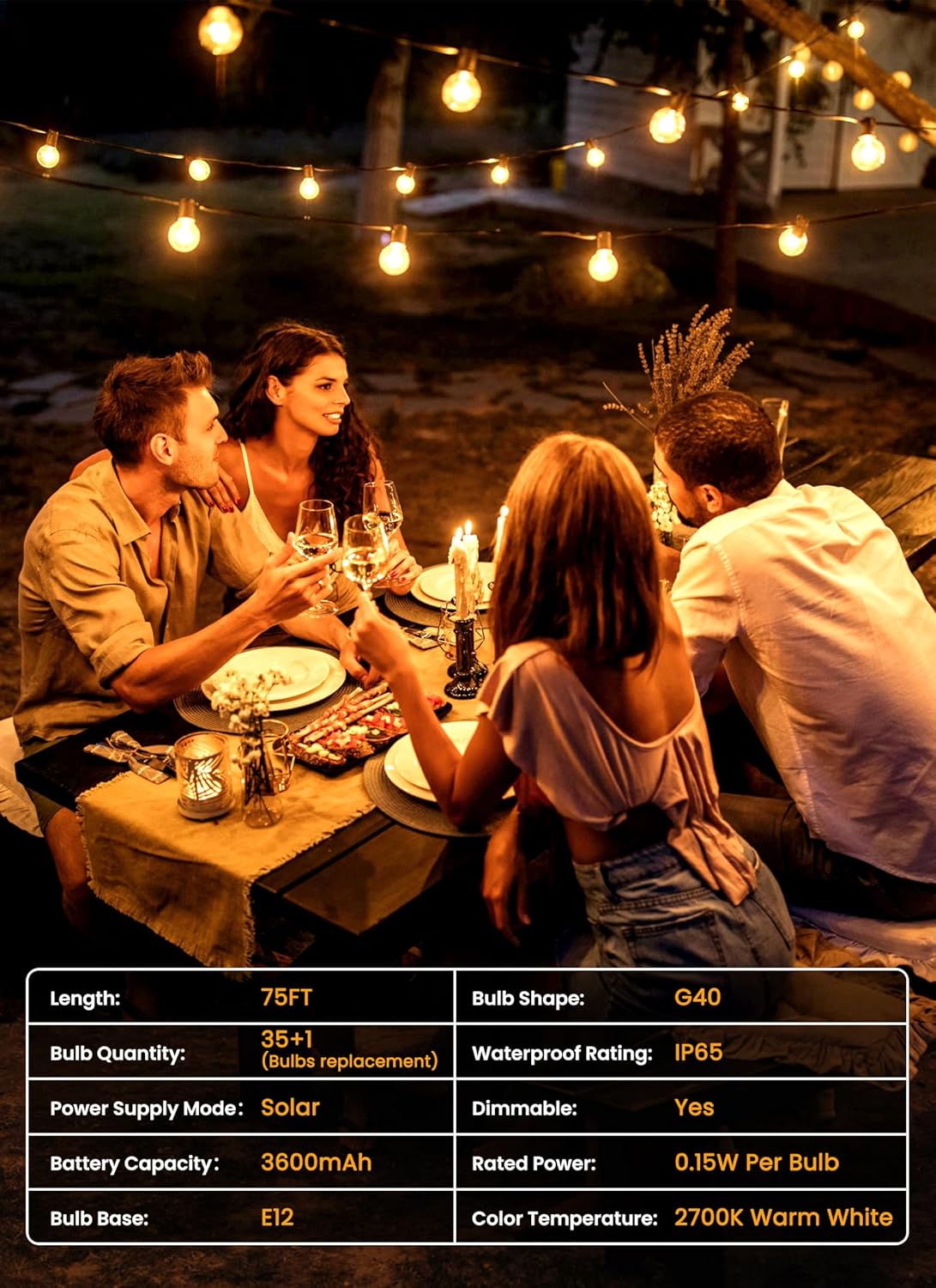 Brightown 75FT Solar String Lights Outdoor with Remote and 36 LED Shatterproof Bulbs, Dimmable & Timable, 3 Light Modes, Solar Patio String Lights Outdoor for Cafe, Garden, Deck, Outside Wedding