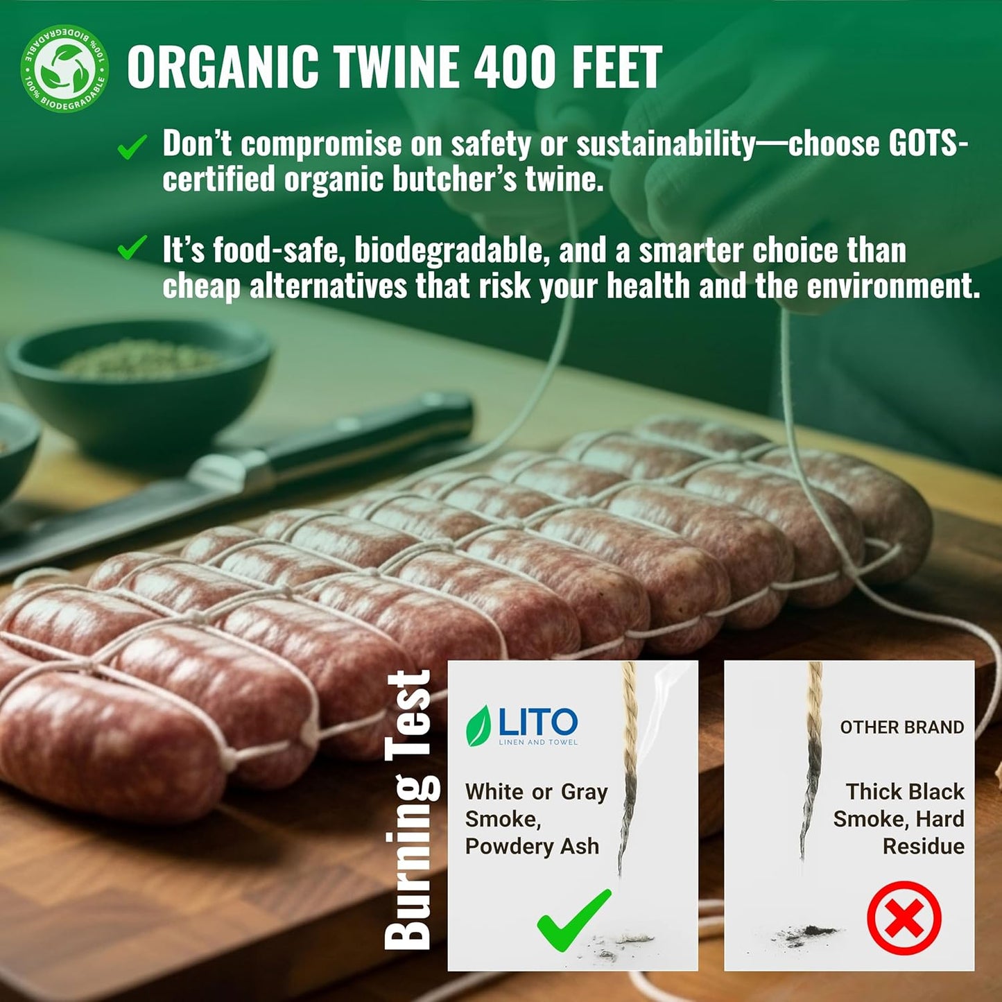 Organic Butcher’s Twine for Cooking & Trussing – 2mm Heavy-Duty Natural Cotton Kitchen Twine 400 Feet – Food-Safe, Oven-Safe String for Meat, Turkey, Baking, & Crafts