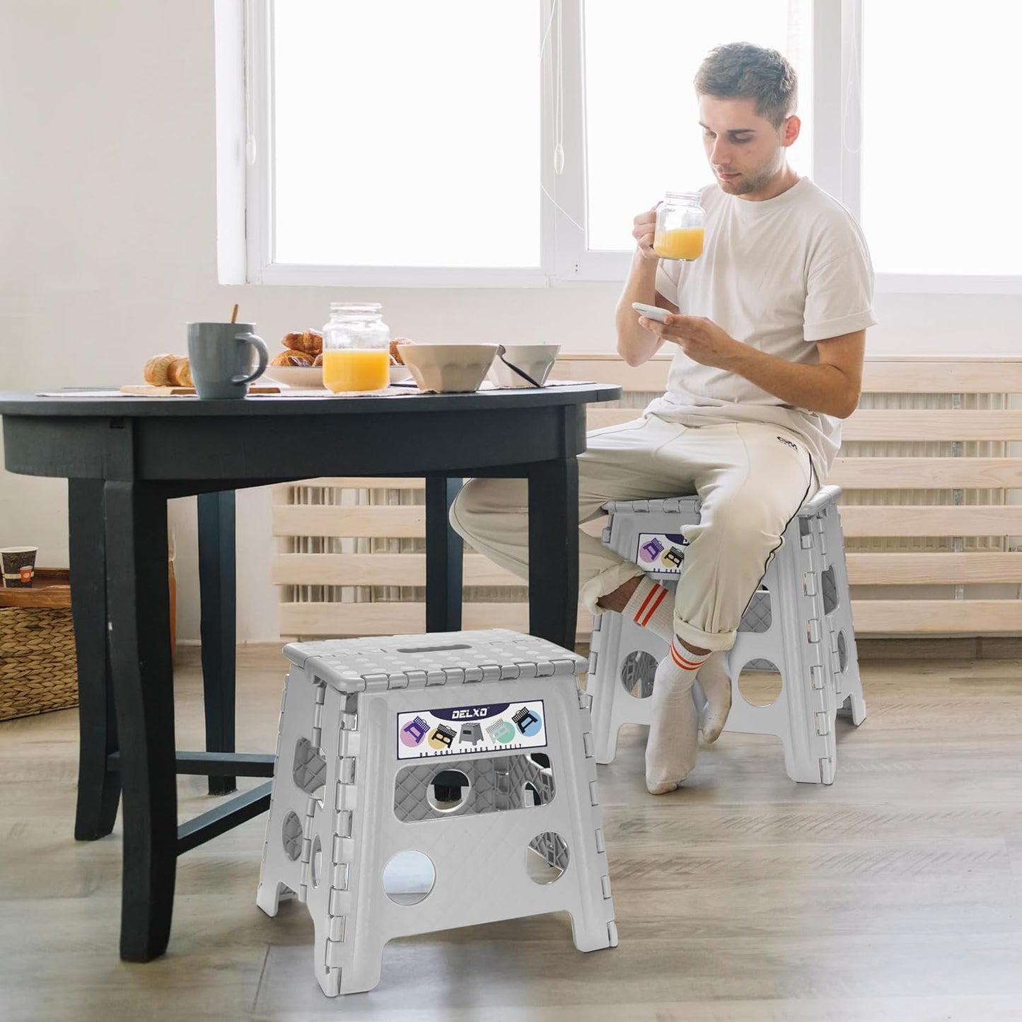 Delxo Folding Step Stool, 13 inch Non-Slip Foldable Stools for Kids & Adults Up to 300 LBS, Step Stool with Handle, Lightweight for Kitchen, Bathroom, Bedroom, Garden, Grey, 1PC