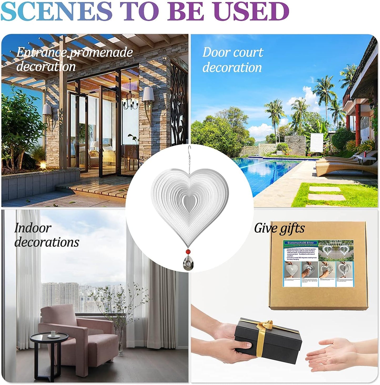 Wind Spinner, Hanging Wind Sculptures,Wind Spinners for Yard and Garden Decor,Yard Decorations Outdoor,Hanging Art Ornaments for Garden Yard Balcony Decor (Silver Heart)