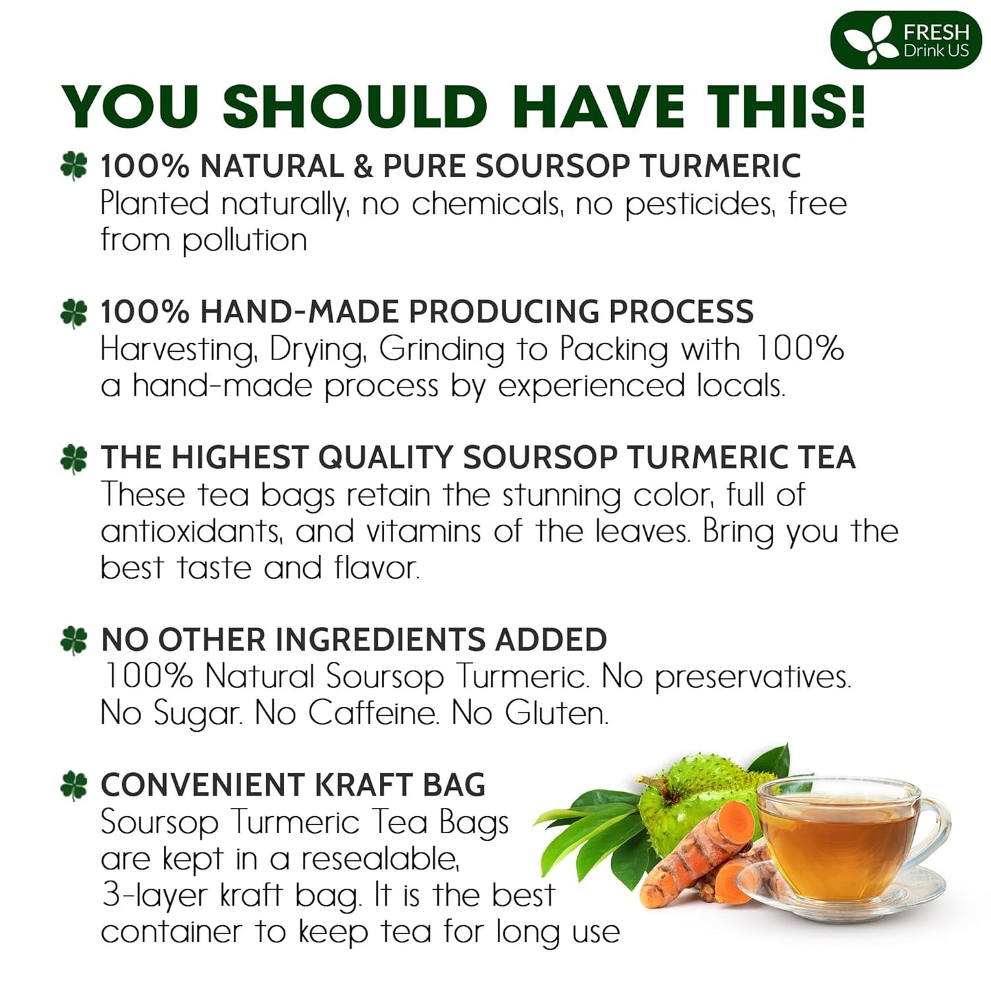 FreshDrinkUS, Premium 60 Soursop Turmeric Tea Bags, 100% Natural, Blend of Soursop Leaves, and Turmeric Root. Made with Natural Material Tea Bags. No Sugar, Vegan.
