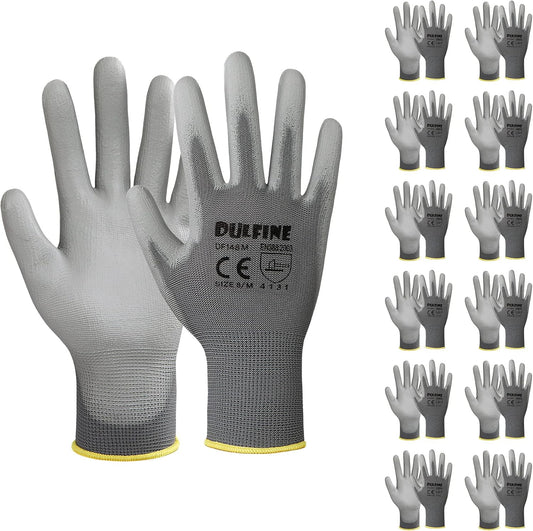 DULFINE Safety Work Gloves PU Coated-12 Pairs,Grey Seamless Knit Glove with Polyurethane Coated Smooth Grip on Palm & Fingers, for Men and Women, Ideal for General Duty Work (Medium)