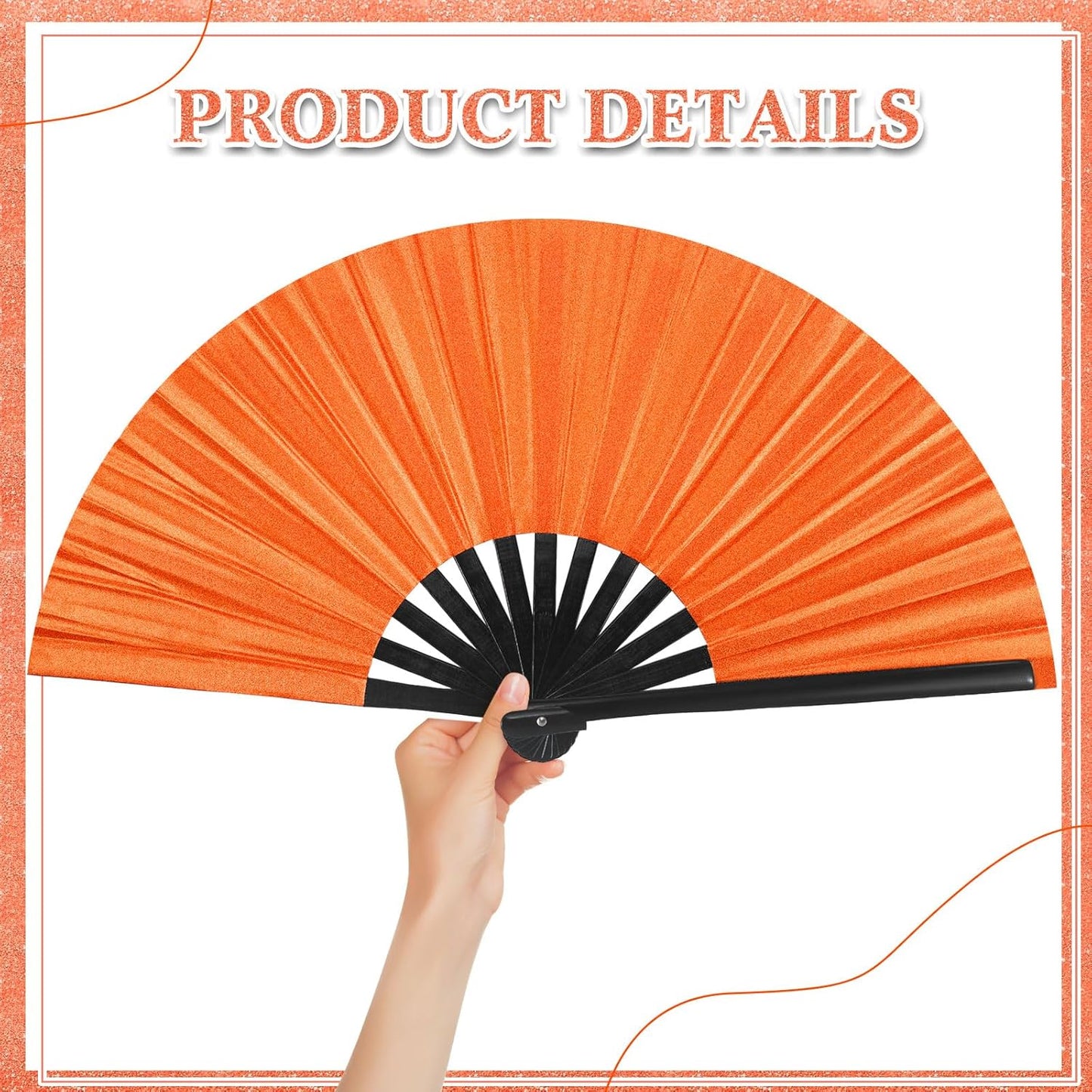 Maitys 2 Packs Large Clap Fans for Line Dancing Large Chinese Folding Hand Fans for Men and Women, Festival, Tai Ji, Kungfu, Martial Art, Gifts (Glitter Orange)