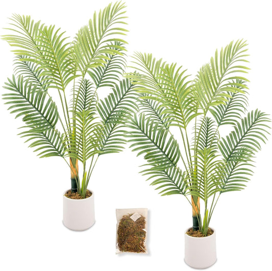 Artificial Fake Palm Tree 4FT 2Pack with White Planter & Free Moss, UV Resistant Artificial Palm Tree for Outdoors, Fake Plants for Poolside Home Room Decor, Faux Plants Outdoor Decor