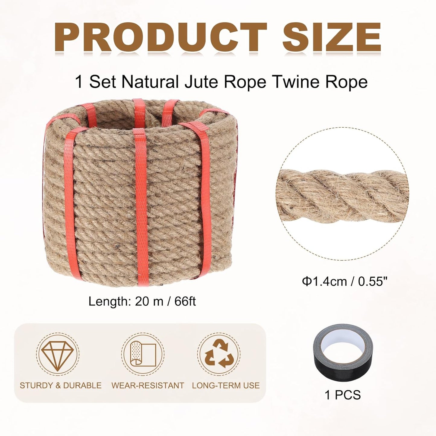 MECCANIXITY Jute Rope 0.55 Inch x 66ft, Thick Twine Rope Ropes Braided Jute Twine Natural Brown Burlap Cord String Heavy Twisted with Tape for Decorative Crafts Railing Swing Tug of War