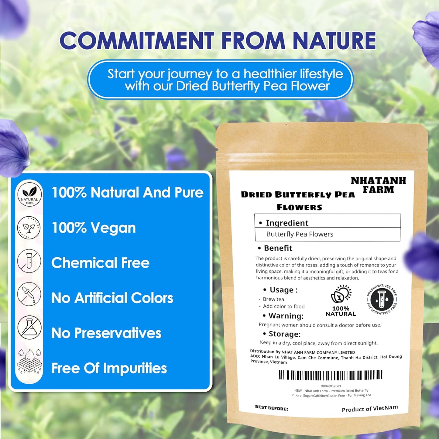 Nhat Anh Farm - Premium Dried Butterfly Pea Flower - 3,5oz(100g) Blue Butterfly Pea Flower - 100% Natural & Pure, Sugar/Caffeine/Gluten Free - For Making Tea