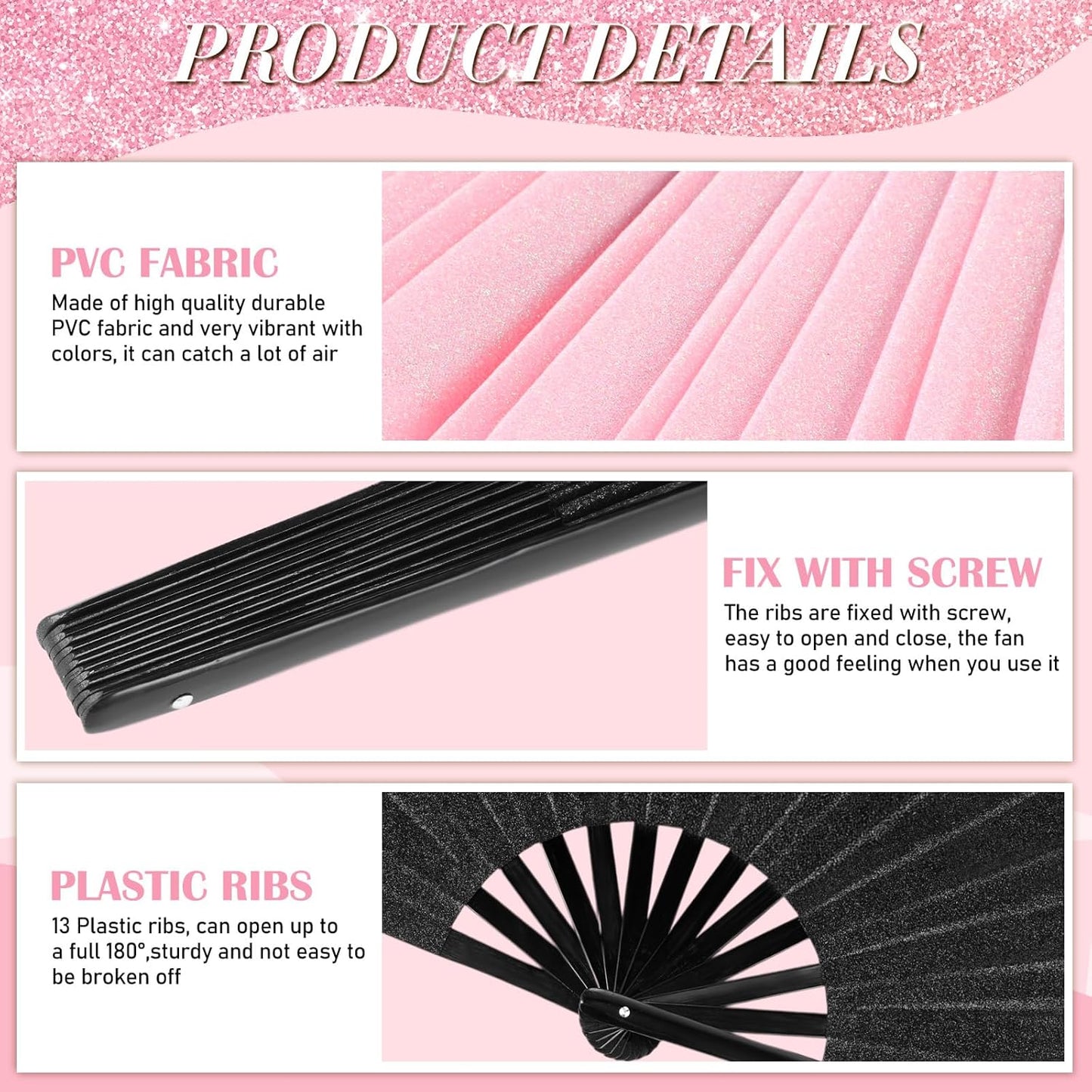 Maitys 2 Packs Large Clap Fans for Line Dancing Large Chinese Folding Hand Fans for Men and Women, Festival, Tai Ji, Kungfu, Martial Art, Gifts (Glitter Black and Pink)