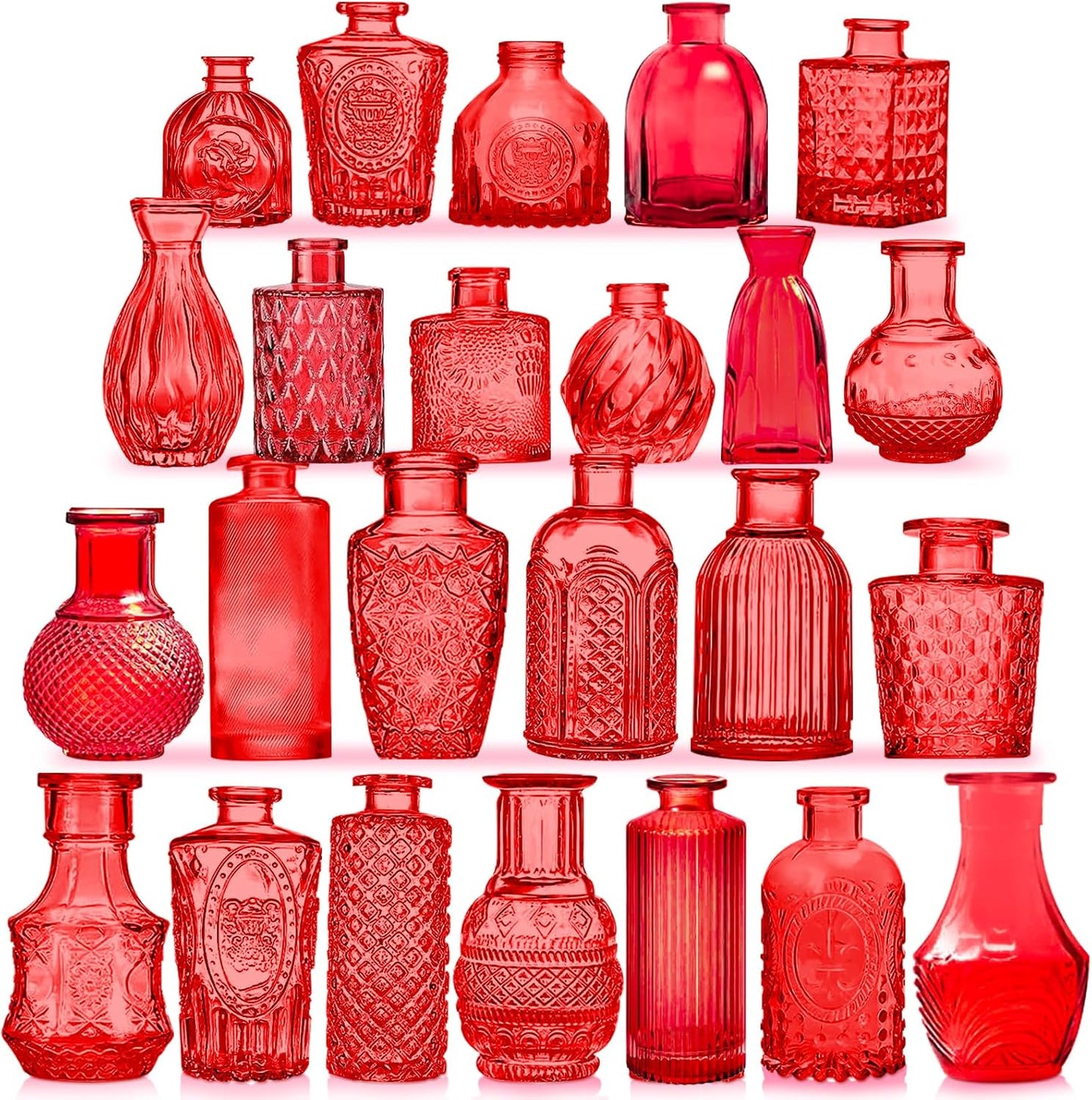 Red Glass Bud Vases Set, 24 Pcs Vintage Small Vases for Flowers, Crystal Mini Glasses in Bulk, Small Flower Design for Centerpieces Wedding Decorations Home Flower Party Decor