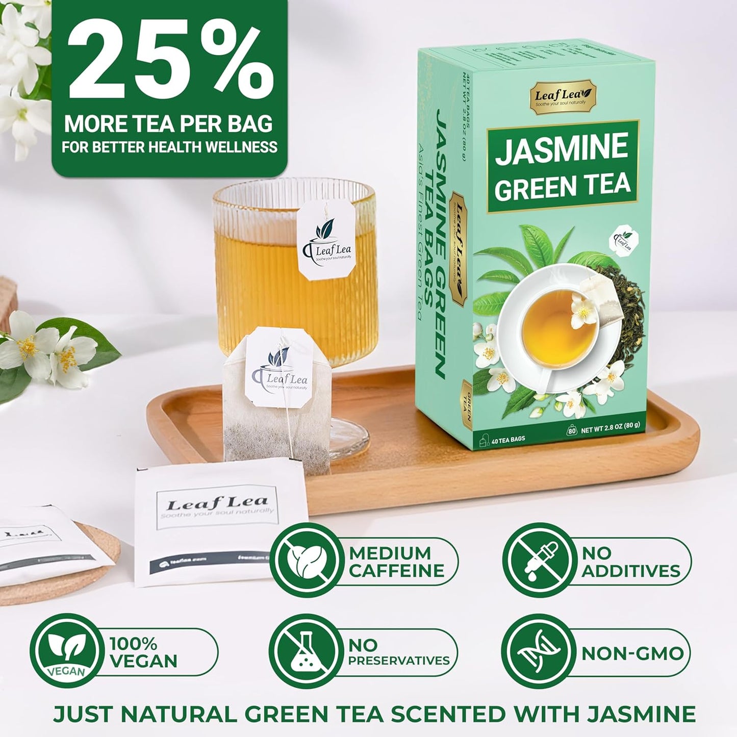 LeafLea 40 Jasmine Green Tea Bags, Premium Green Tea Scented with Jasmine Flowers for Gentle Support & Light Alertness, Floral Smoothness, Caffeinated, Sugar-Free, Non-GMO, Vegan, Individually Wrapped