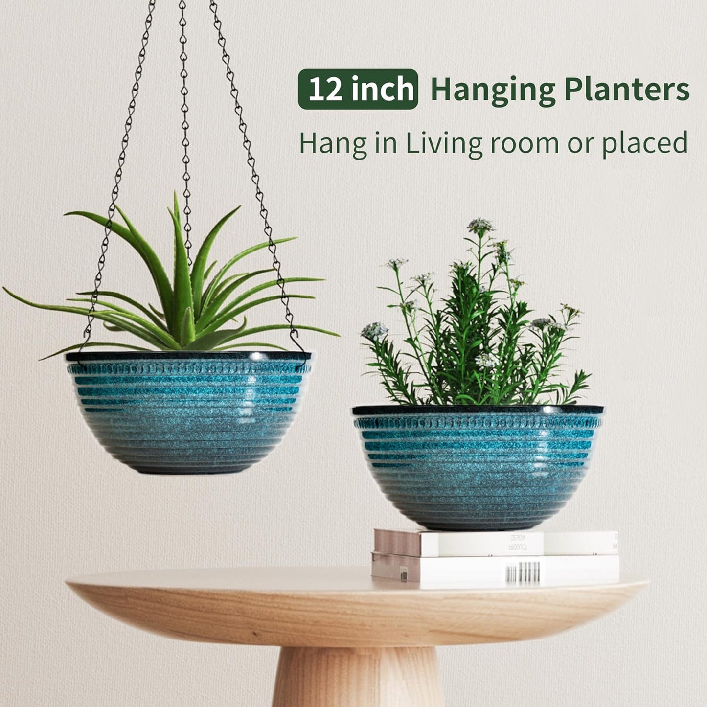 12 inch Large Hanging Planters for Indoor Outdoor Plants, Set of 2 Glazed Hanging Flower Pots with Drainage Hole, Hanging Baskets for Garden Home Porch Decor