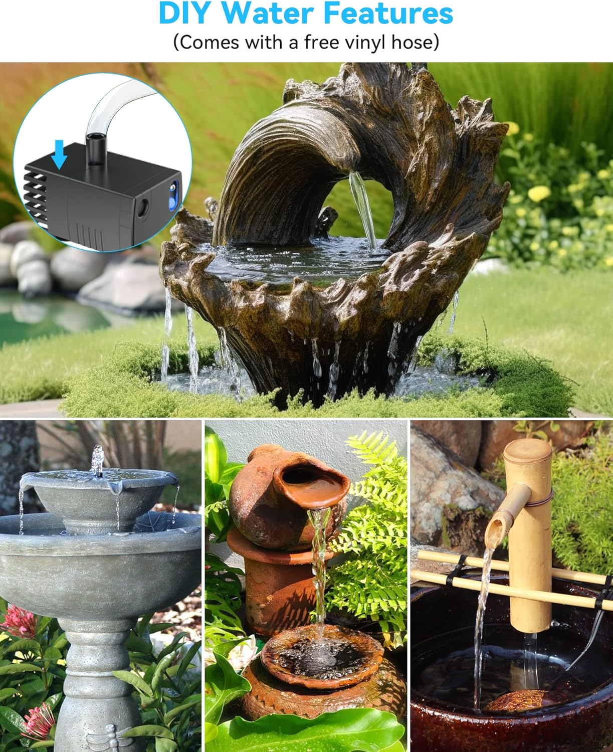 POPOSOAP Modern Black Solar Bird Bath Fountain Pump, 6W, 60GPH, 5 Nozzles, 9.84ft Cable, 4ft Tubing