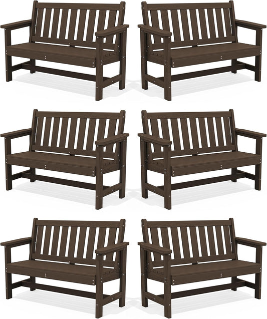 SERWALL Outdoor Bench, HDPE Outdoor Benches Weatherproof, 2-Person Garden Bench with 660 lbs Weight Capacity, Patio Benches for Outdoors, Garden, Porch, Backyard and Park, Coffee, 6 Pack
