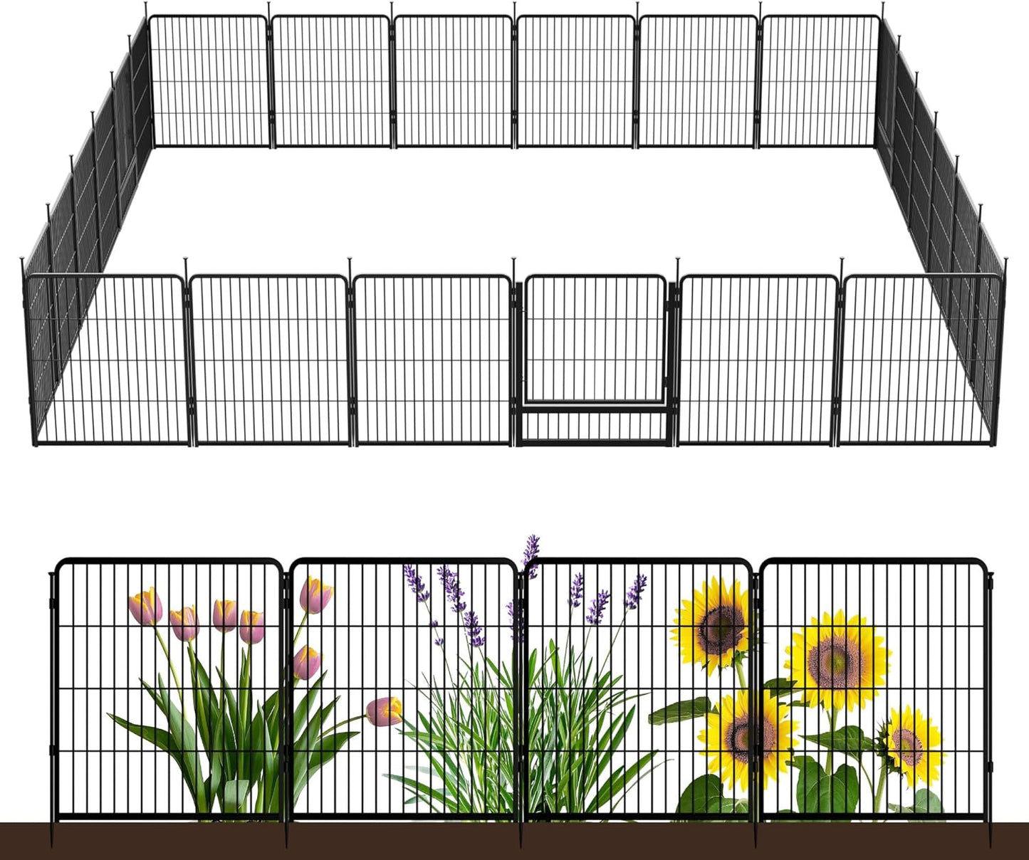 Decorative Garden Fence with Gate 32 in(H) x 53.5 ft(L) 24 Panels, Heavy Duty Metal Animal Barrier Fence for Yard, Flower Bed Fencing, Garden Border Fence, Easy Set Up, Black