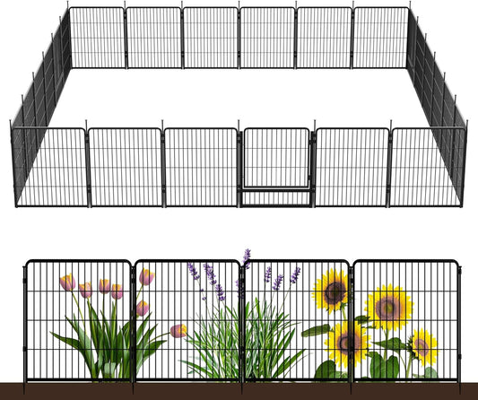 Decorative Garden Fence with Gate 32 in(H) x 53.5 ft(L) 24 Panels, Heavy Duty Metal Animal Barrier Fence for Yard, Flower Bed Fencing, Garden Border Fence, Easy Set Up, Black