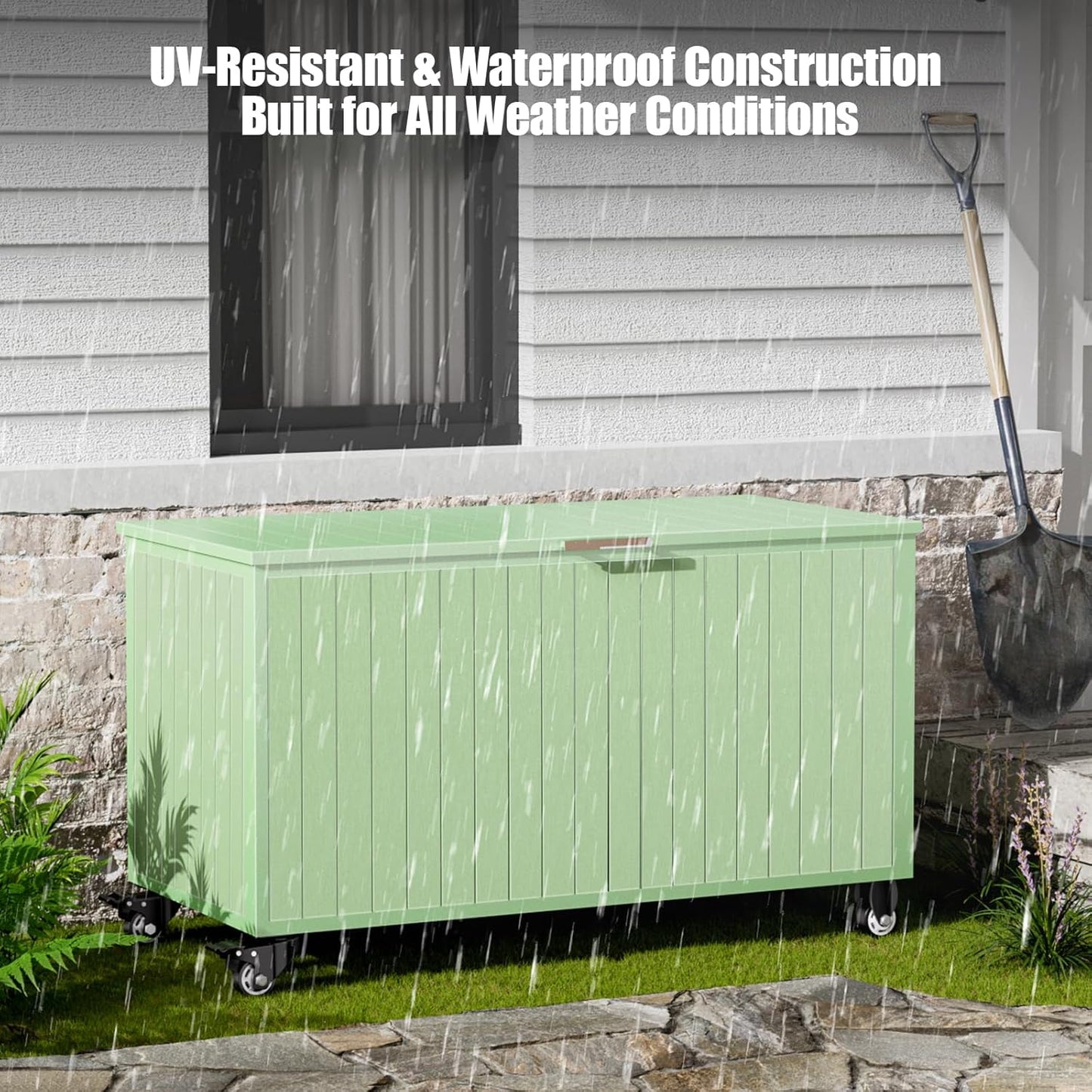 135 Gallon Outdoor Storage Box with Swivel Wheels, Waterproof Aluminum & Polylumber Deck Box, Patio Storage Box with Lid for Patio Furniture, Garden Tools, Outdoor Cushion