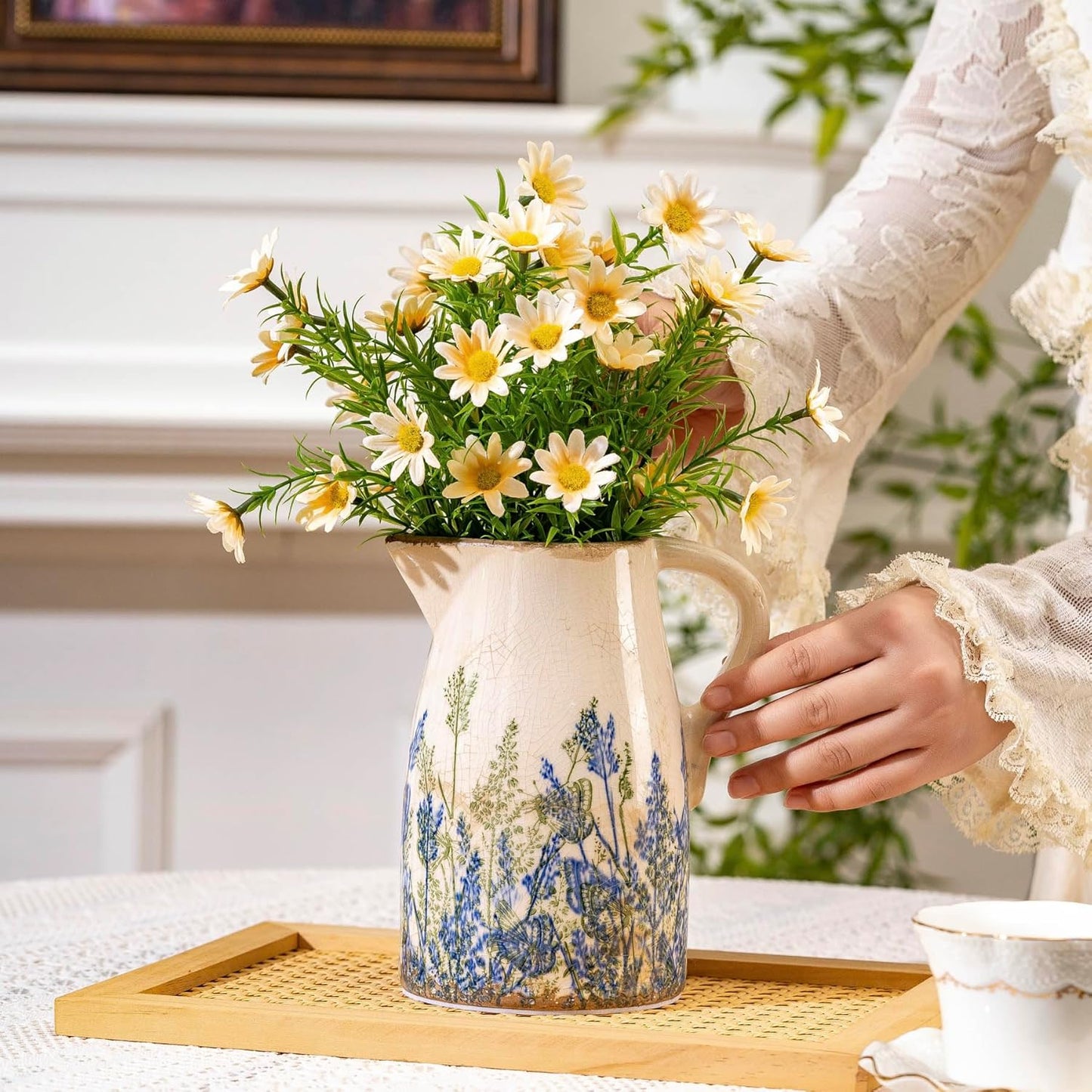 Navy Blue and Green Vintage Ceramic Floral Pitcher Vase, Rusitc Farmhouse Beige Decorative Flower Vase for Home Decor, Living Room, Rustic Table Centerpiece, Grand Millenial & Tuscan Decor 7.3 in