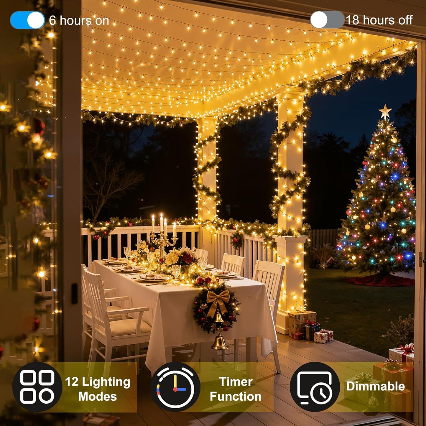 750LED Christmas Lights Outdoor Use, 240ft 12 Modes Warm White LED String Lights with Timer Dimmable, Waterproof Christmas Tree Lights for Xmas Patio Yard Fence Balcony Garden Decor Warm White