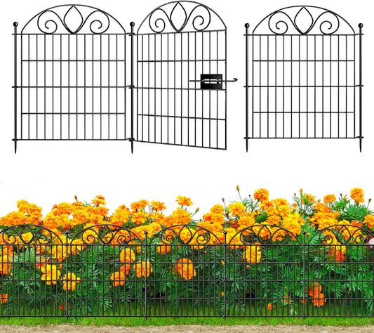10 Panels No Dig Decorative Garden Fence with Gate – 28" H X 19.6' L Rustproof Metal Dog Fence Outdoor for Yard, Animal Barrier Fence for Pet, Garden Border, Patio, Flower | Temporary Fencing