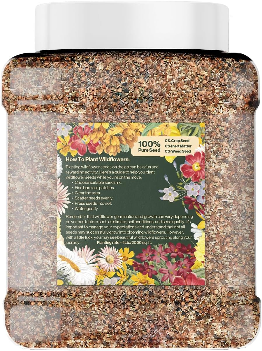 Wildflower Seed Shaker – Annual Mix by GevaGrow | 17 Variety Flower Seeds for Planting in Pots & Outdoor Gardens, Bulk 300,000+ Seeds - 1 Pound Tub