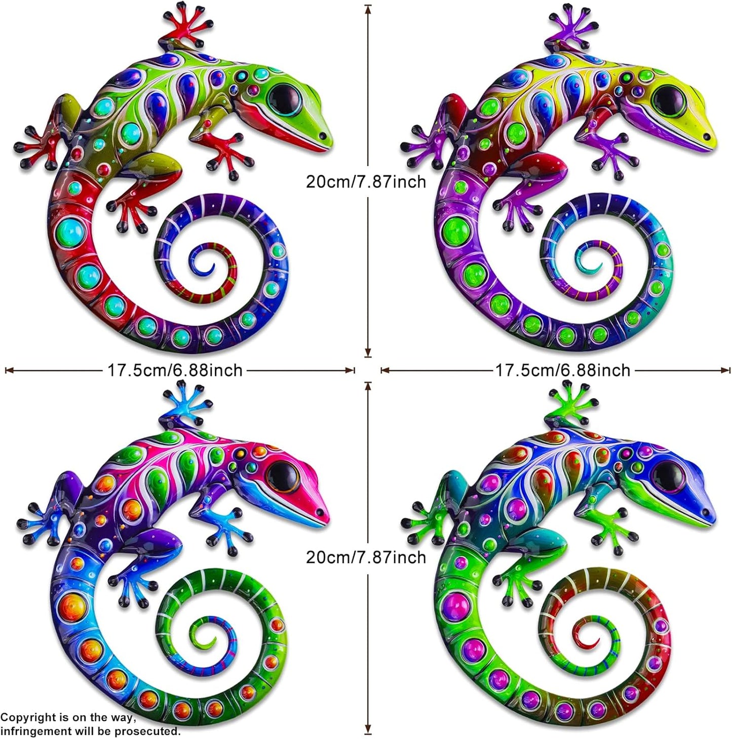 ULENDIS 4 Pack Metal Gecko Wall Decor, 7.8 Inch Lizard Outdoor Wall Art Fence Decorations for Patio and Yard, Colorful Hanging Decoration for Garden Living Room Bedroom Patio Balcony