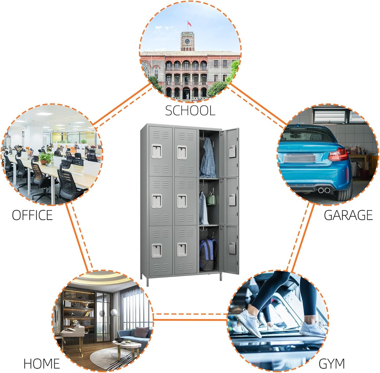 9 Doors Metal Lockers for Employees with 27 Hooks for Offices School Gyms Home,Assembly Required, Light Gray