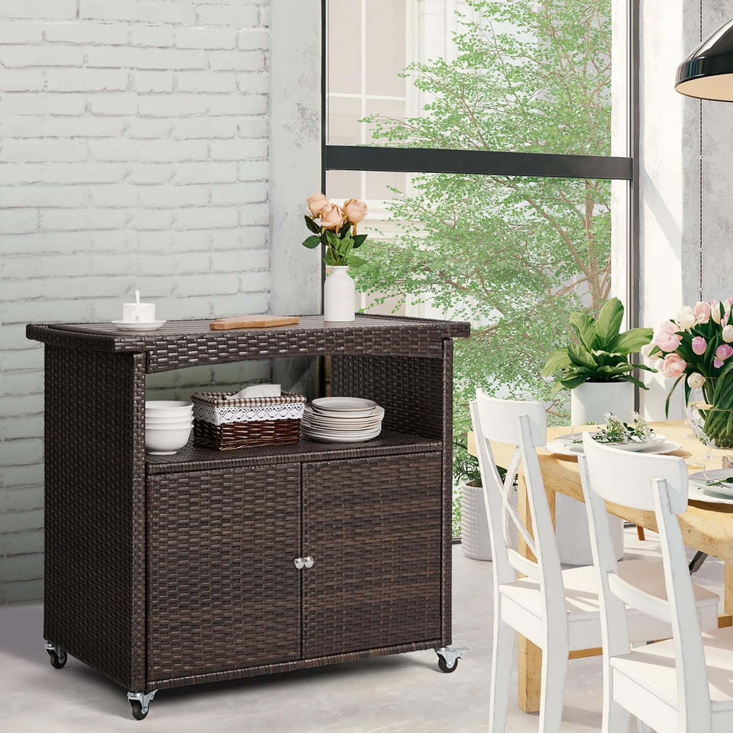 Outdoor Storage Cabinet,Outdoor Cabinet for Patio Bar Cart with Rolling Wheels Patio Bar Table with Storage Wicker Buffet Cabinets prep Table Kitchen Serving Cart with Door,Shelves,Handle Brown