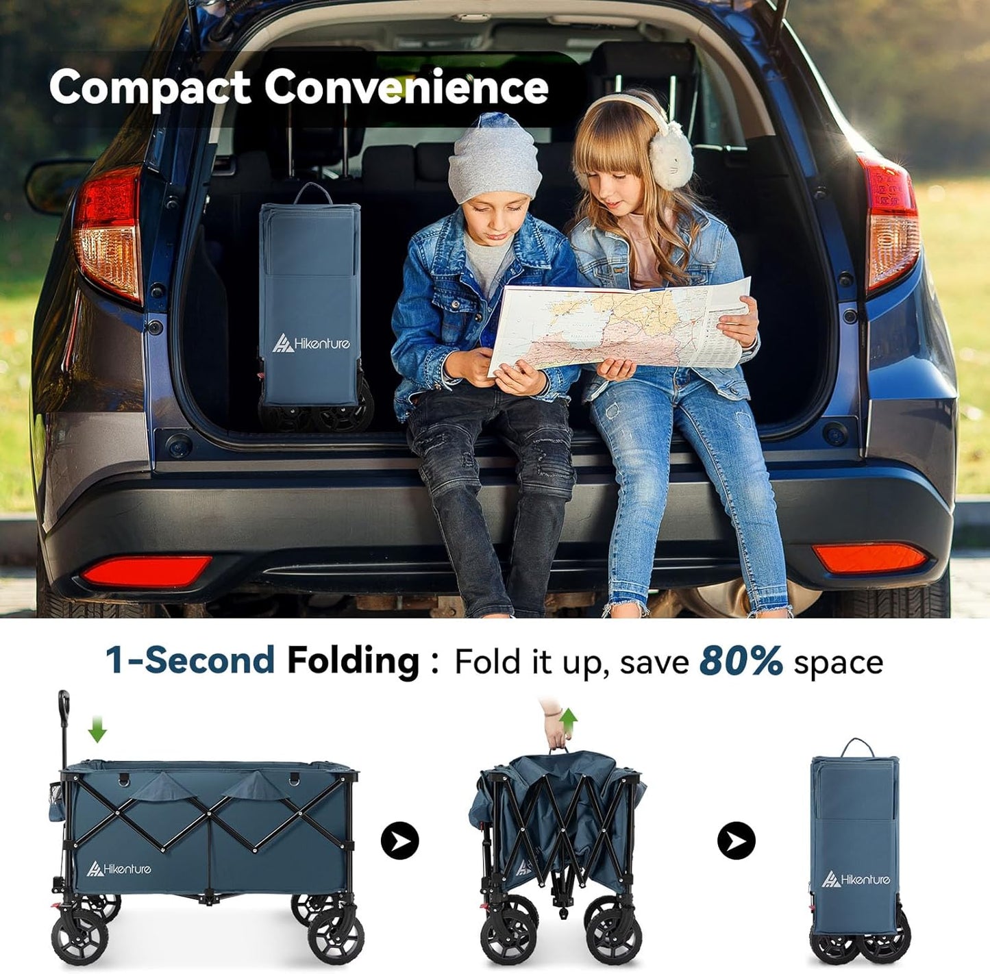 Hikenture 330lbs Collapsible Wagon Cart, Ultra-Large Wagons Carts Foldable Heavy Duty, Utility All Terrain Folding Wagon with Wheels for Groceries, Garden, Sports, Beach, Shopping, Blue