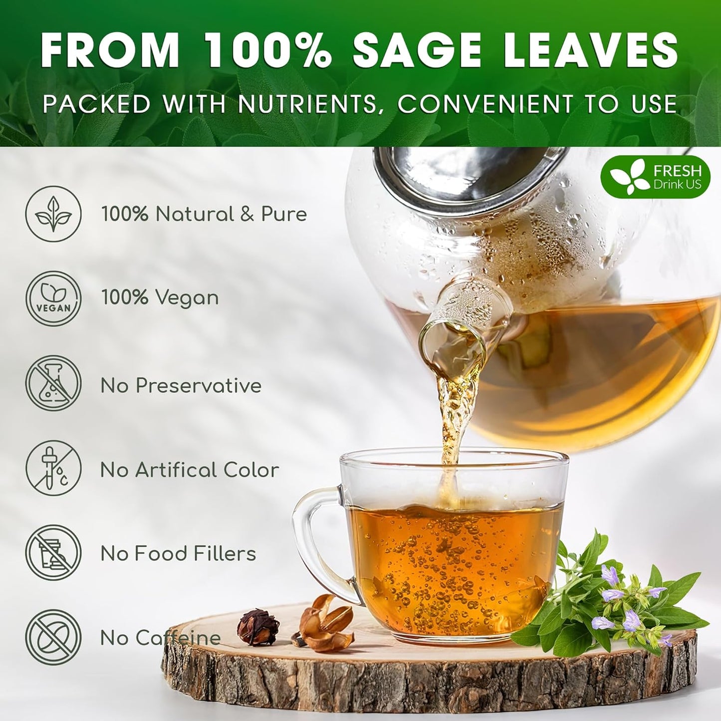 FreshDrinkUS, Premium 15 Sage Leaf Tea Bags, 100% Natural & Pure from Sage Leaves. Loose Leaf Sage Herbal Tea. Made with Natural Material Tea Bags. No Sugar, No Caffeine, No Gluten, Vegan.