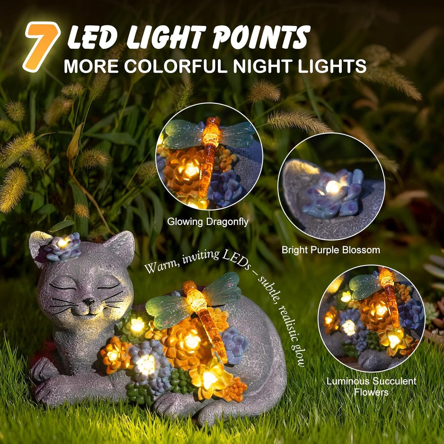 Solar Cat Garden Statue - Lying Outdoor Figurine with Dragonfly & Flower LEDs, Upgraded 2.0 Solar, Auto On/Off, IP65 Waterproof Hand-Painted Resin, Garden Decor, Gift for Cat Lovers, Mom, Grandma