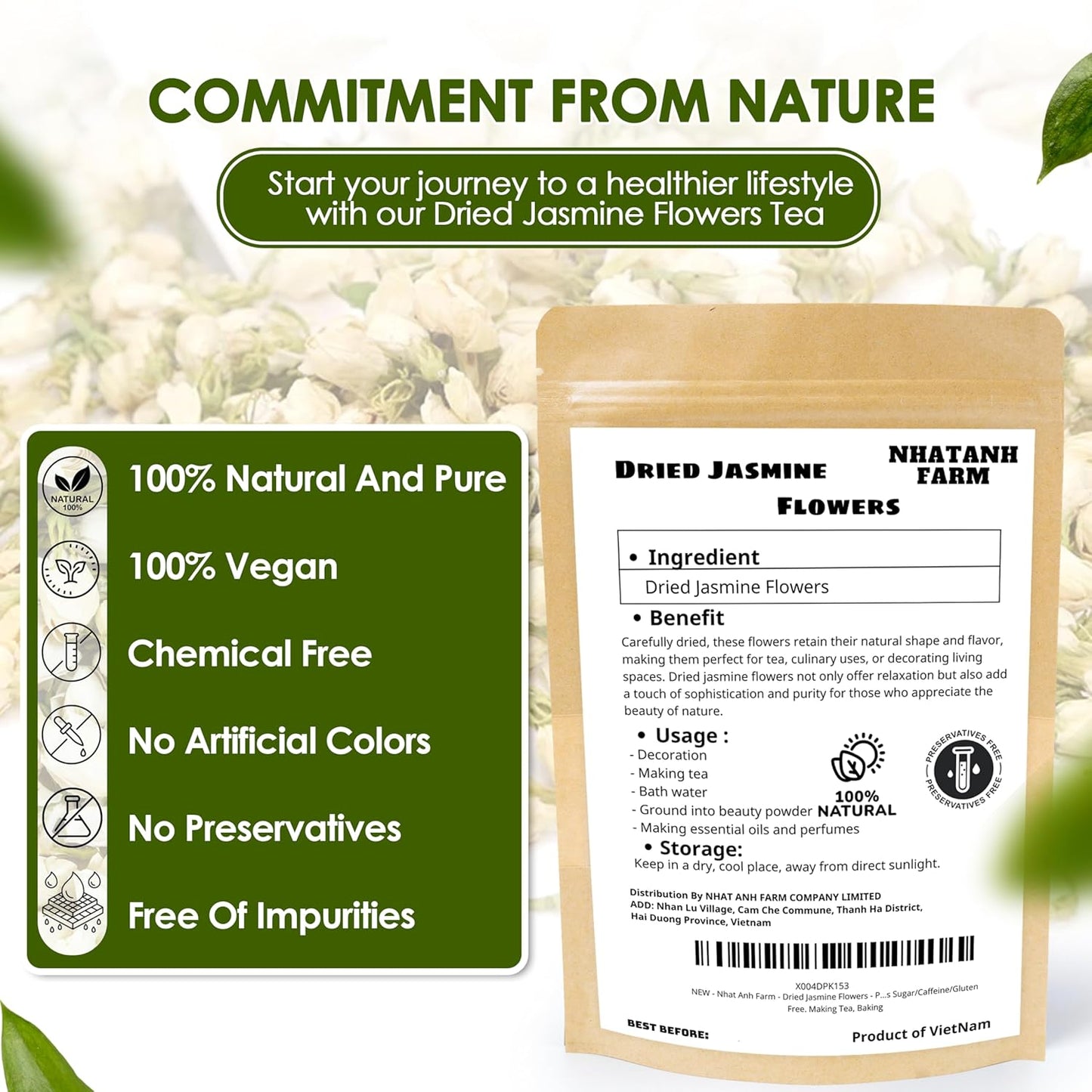 Nhat Anh Farm - Dried Jasmine Flowers - Pure Jasmine Buds 3.5oz(100g) Natural & Pure - Dried Jasmine Flowers Sugar/Caffeine/Gluten Free. Making Tea, Baking