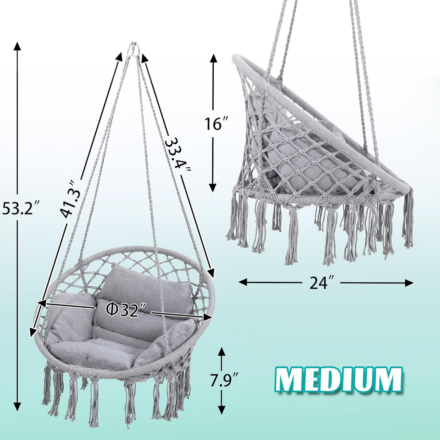 Macrame Hammock Hanging Swinging Chair with Medium Cushion, Perfect for Bedroom, Porch, Adults, Balcony, Grey