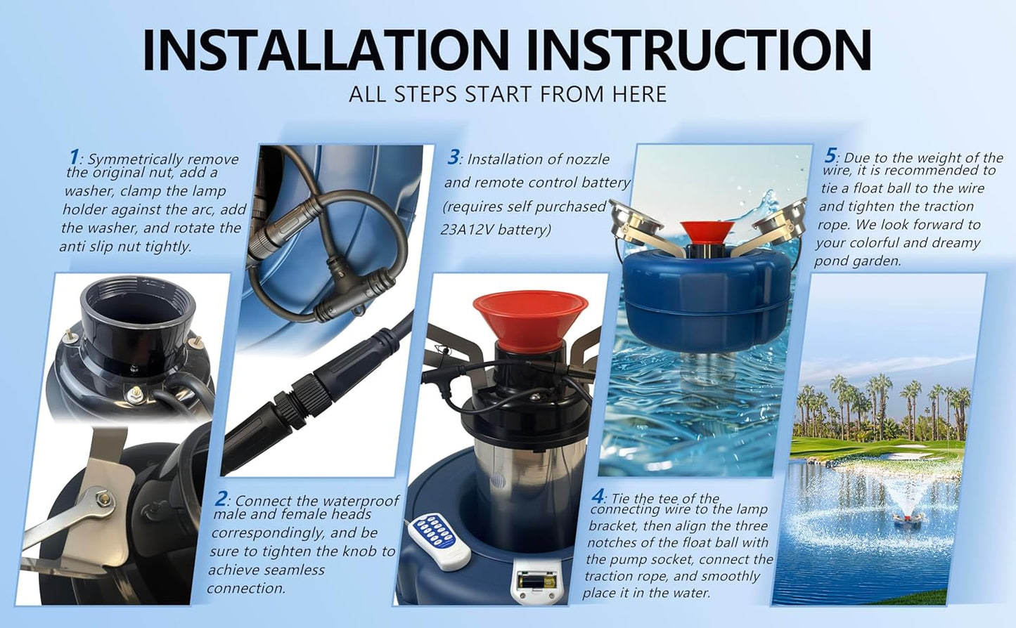 Pond Fountain Aerator, 1HP，Wireless Control RGB Rainbow Lights Stainless Steel Body, 100FT Cord, Multifunctional time Controller，200Ft Traction Rope, Aerator Pump for Ponds & Lakes (RGB)