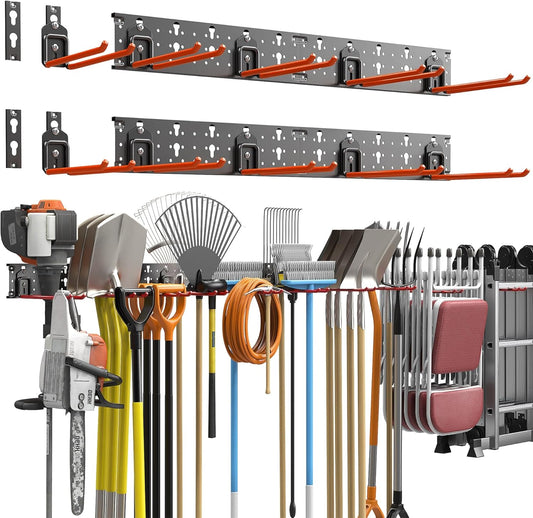 TORACK Garden Tool Organizer Wall Mount, Garage Folding Chair Storage Rack, Tools Rack for Shovels, Rakes, Broom, Ladders, Hooks for Keyhole Style Shelving Unit