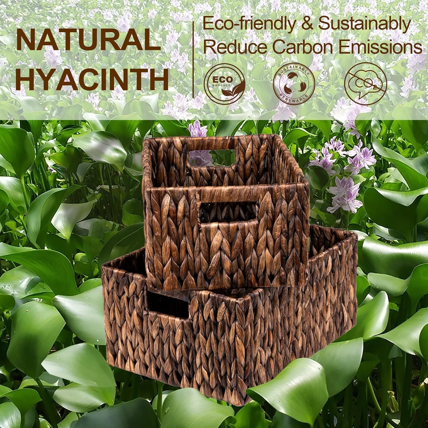 FairyHaus Wicker Basket with Handle 2Pack-15x11x7" & 13.4x9.5x6.5", Brown Water Hyacinth Wicker Baskets for Storage, Natural Hand Woven Baskets for Organizing