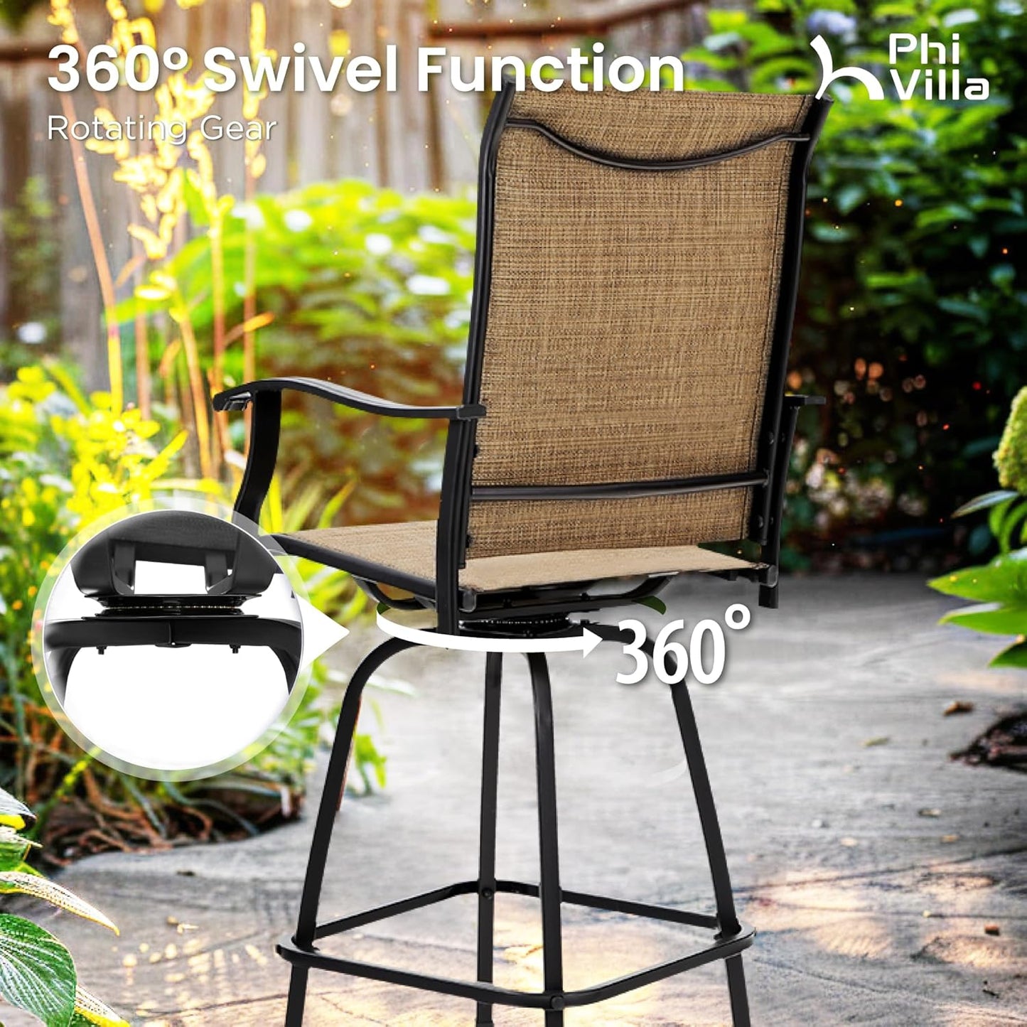 PHI VILLA Outdoor Swivel Bar Stools Set of 2, Bar Height Patio Chairs 30" Seat Height with All-Weather Brown Textilene Fabric, Tall Patio Chairs Furniture for Outside, Deck, Yard and Garden