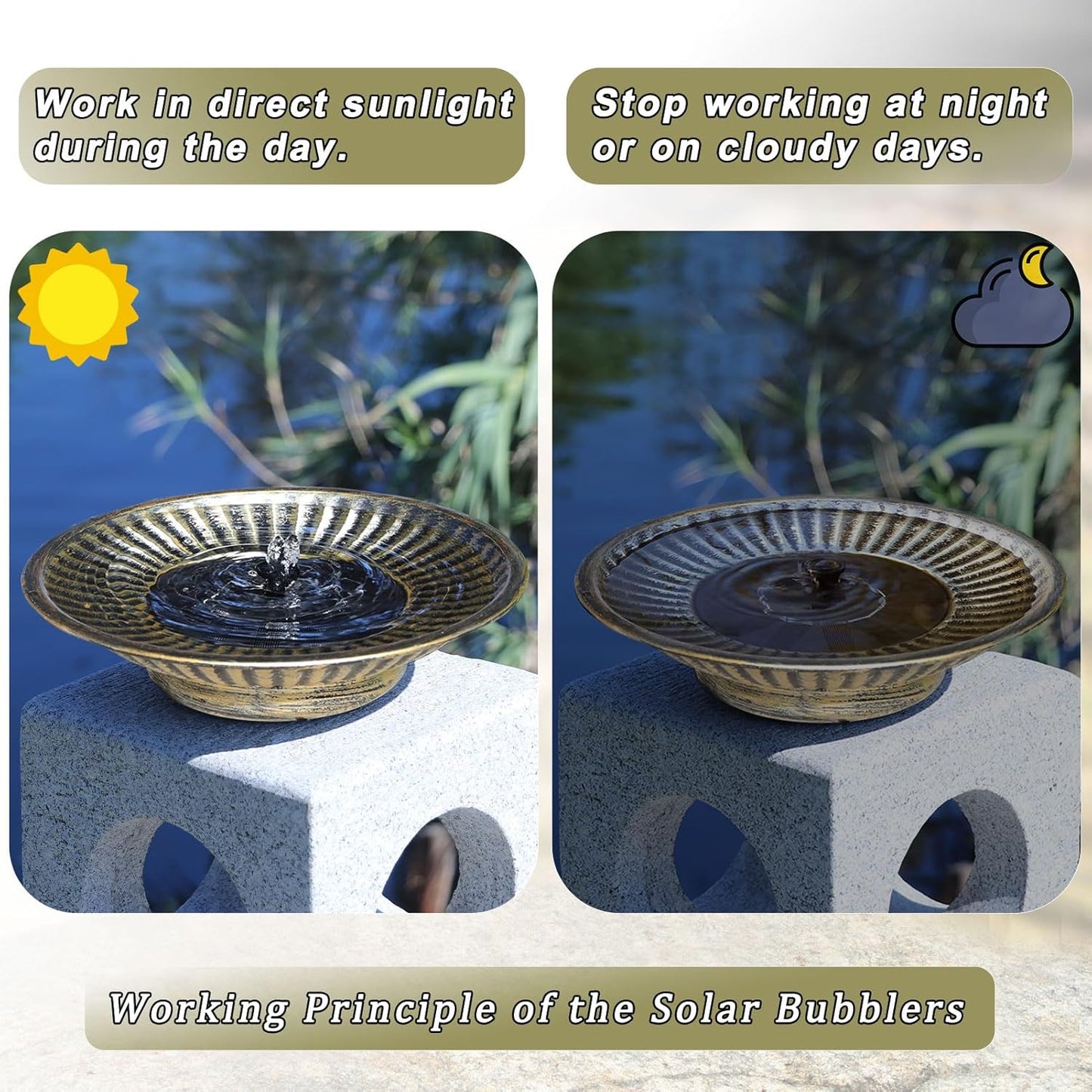 12.3" Solar Fountain Bird Bath for Outside, Metal Solar Bird Bath Fountains, Bird Bath Bubbler for Garden Patio Decor (Gold)