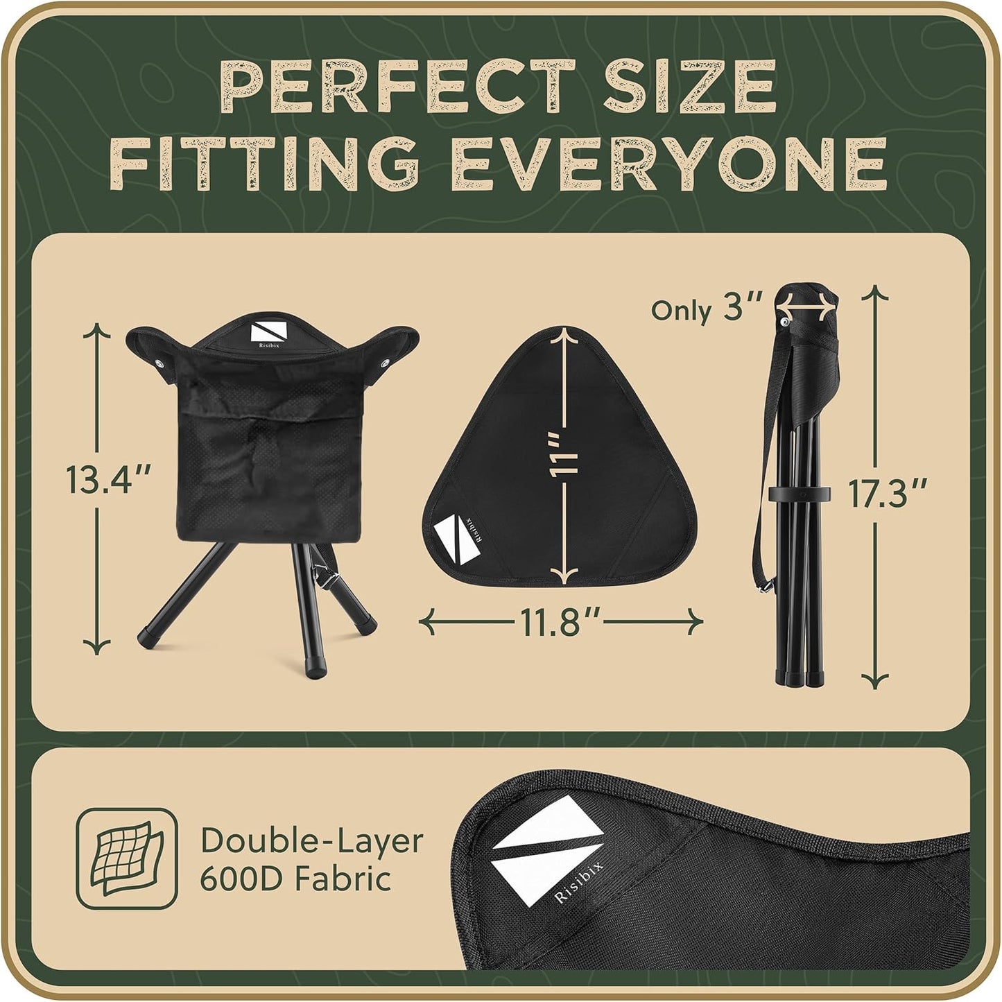 Foldable Tripod 13.4'' Stool - Ultra Portable Seat, Best for Youth+Pocket - 1 lb Camping Stool, 3 Legged Strong Steel Stool, Height: 13.4 inches (Black)