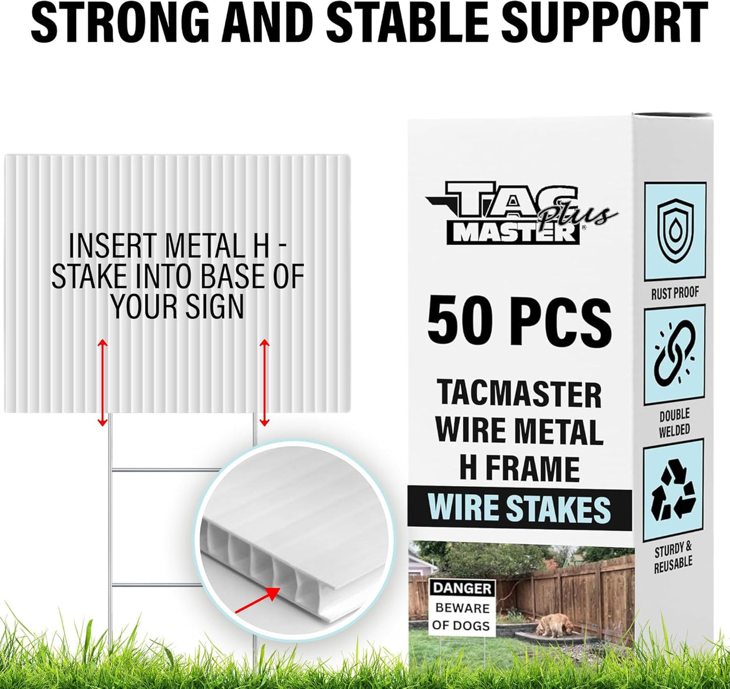 Tacmaster Wire Metal Yard and Sign H Stakes – Durable Blank Lawn Sign Posts for 4mm Corrugated Panels, Real Estate Signs, Waterproof and Wind Resistant, Ideal for Outdoor Use, 30"x10" – 50 Pack