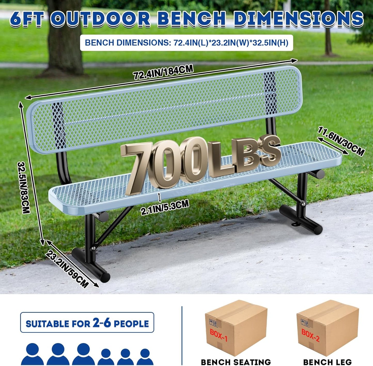 6Ft Heavy Duty Park Bench with Back Portable Frame, Outdoor Steel Bench with Backrest, Expanded Metal Mesh Bench for Lawn, Park, Deck, Garden, Patio, Porch, Grey
