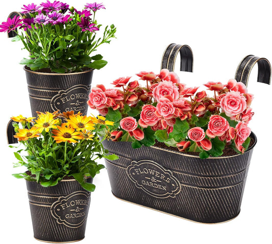 PerGar Vintage Metal Iron Wall Hanging Flower Pots, Rustic Planter Bucket Herb Flower Plant Holder with Detachable Hooks & Drainage Hole for Railing Fence Balcony Deck Garden Home Decoration, Set of 3