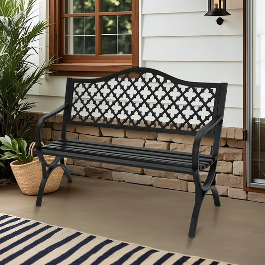 MFSTUDIO 50" Black Outdoor Metal Garden Bench with Arch Legs, Cast Iron Frame Patio Furniture with E-Coating, Perfect for Porch and Yard