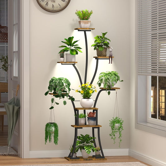 64" Tall 8 Tiered Plant Stand Indoor with Grow lights Large Tree Shape Decorative Rack Plant Pot Holder Gardening for Living Room Corner Black