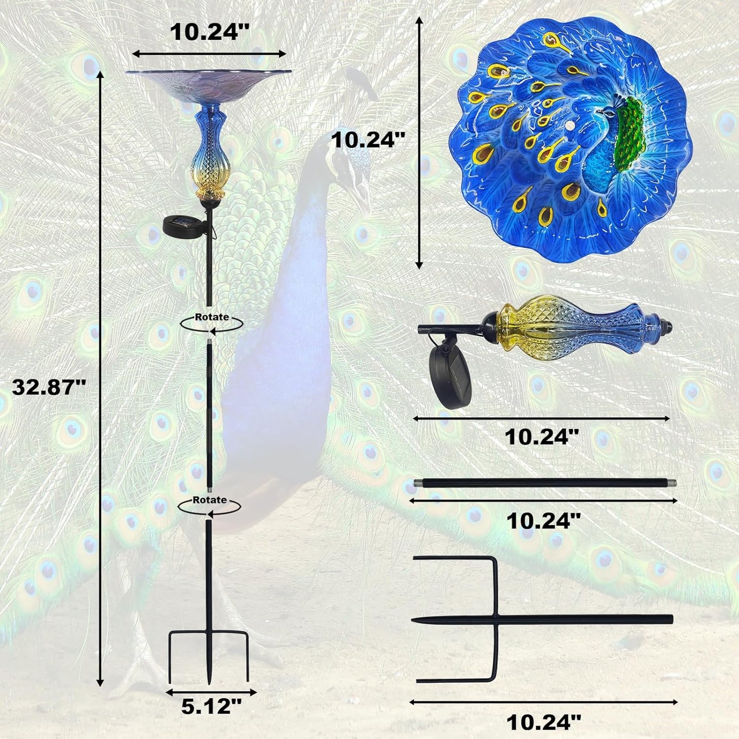 John's Studio Peacock Bird Bath for Outdoor - Glass Bowl Solar Light Bird Baths Cage Outside Dish Bird Feeder with Metal Stake for Garden, Yard and Patio - Blue 32 inches